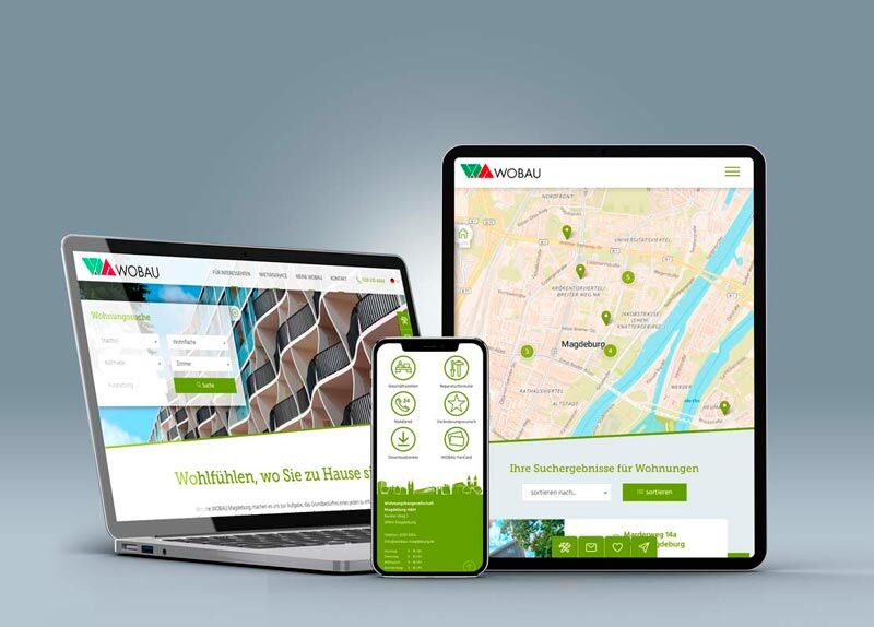 Multidevice-Vorschau der WOBAU Magdeburg – realisierte Webdesign-Referenz mit CMS