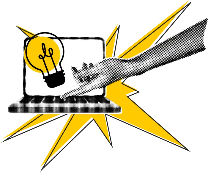 Symbolische Darstellung einer kreativen Webdesign-Idee: Hand greift nach Glühbirne in Laptop